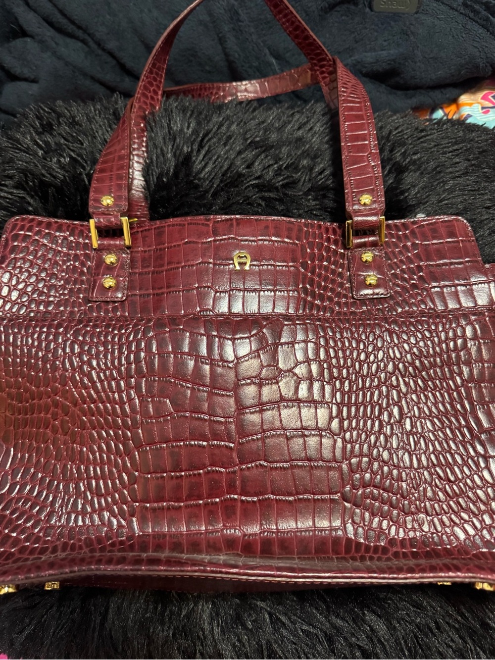 Etienne Aigner Croc-Embossed Tote in Burgundy with Gold Hardware